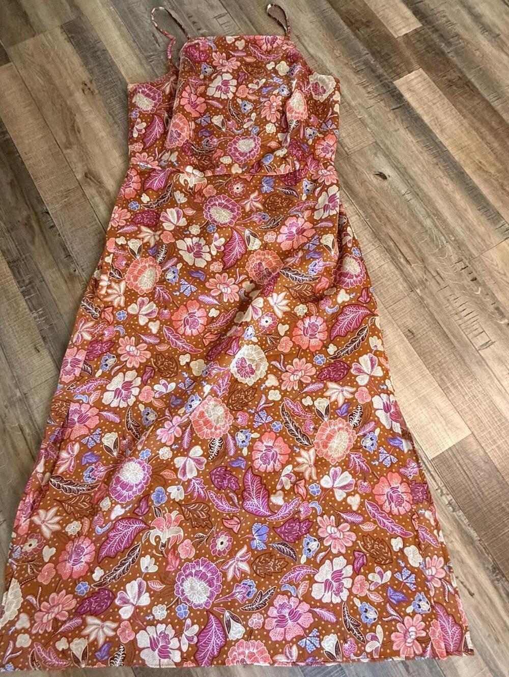 Ann Taylor Gold Pink Orange Floral Dress Stitched Waist Sz 8 Summer Coquette